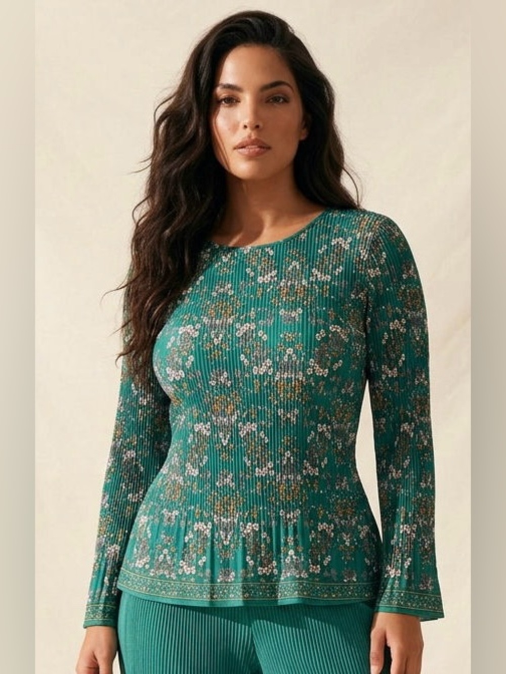 2 for $20 Max Studio Heavily Pleated Blouse Green Floral Print Size L NWOT
